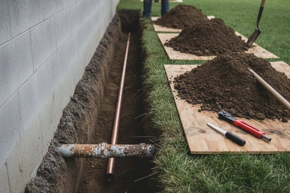Excavated water line trench during Water Softener Installation in Oliver